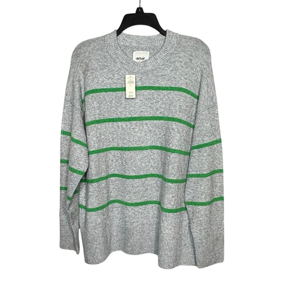 Aerie Gray & Green Cozy Plush Striped Pullover Crew Oversized Sweater Small New